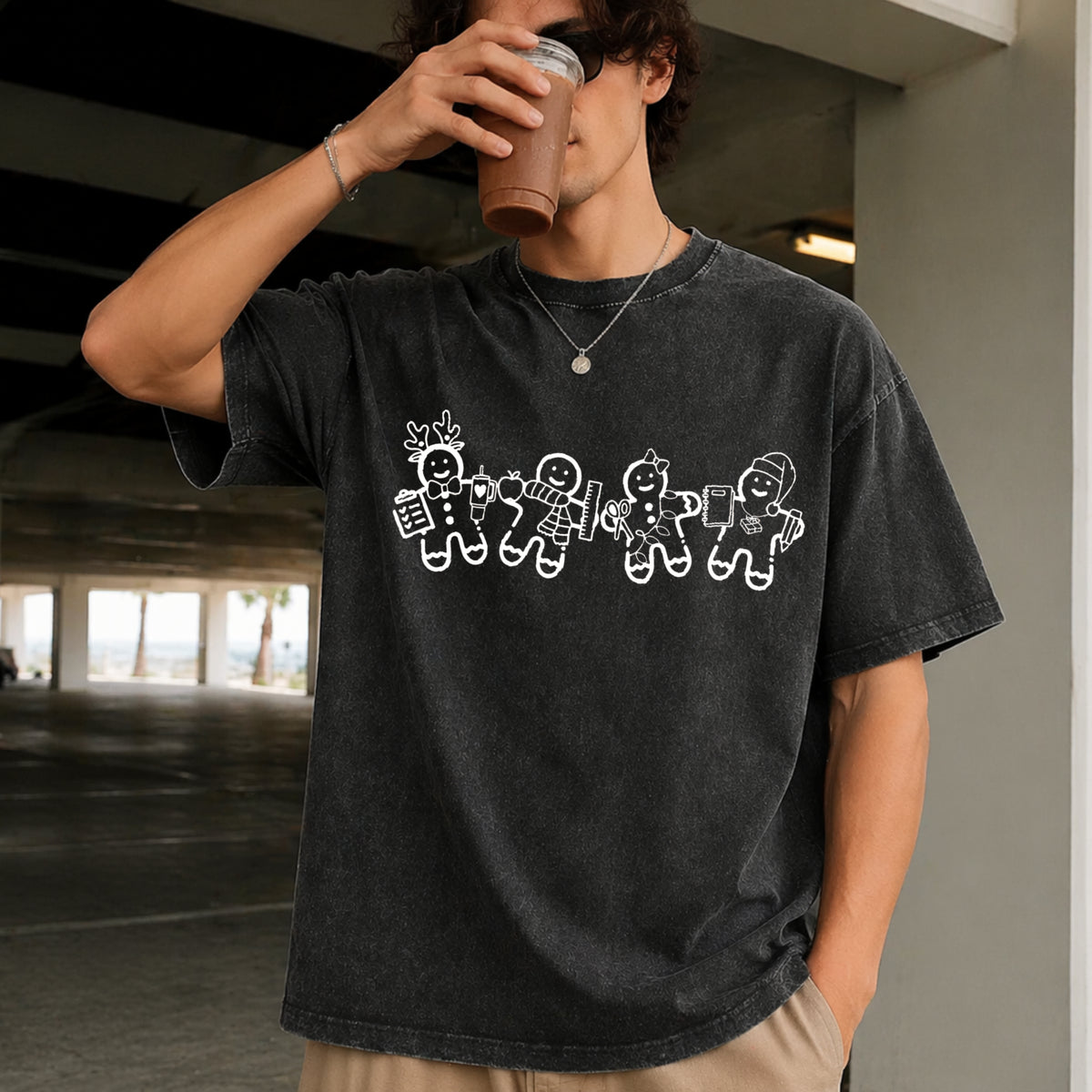 Gingerbread Teacher Christmas Vintage Washed T-Shirt - product view