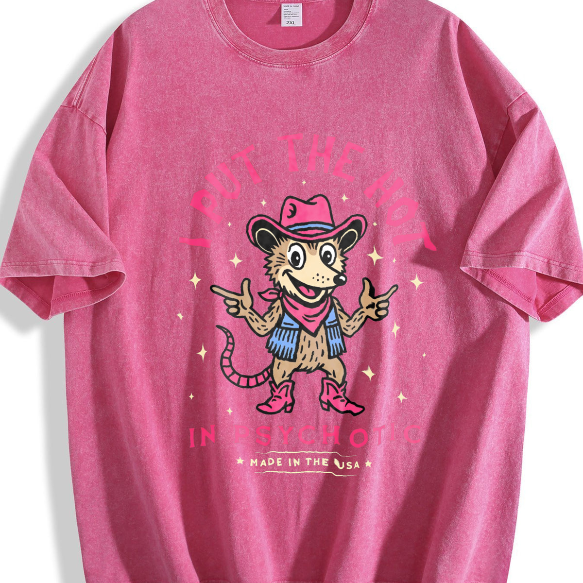 I Put The Hot In Psychotic Funny Cowboy Opossum Vintage Washed T-Shirt - product view