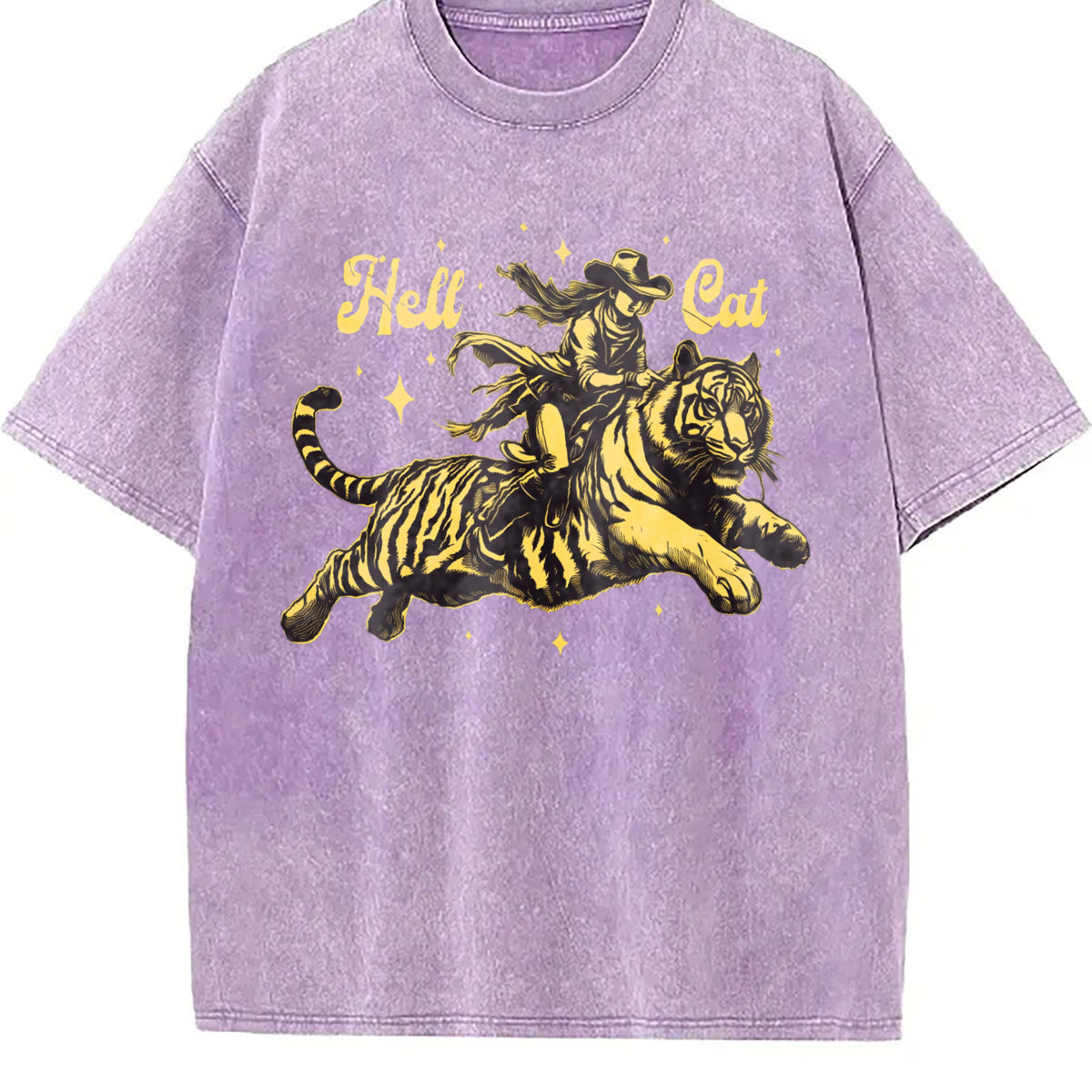 Hell Cat Cowgirl Riding Tiger Vintage Washed T-Shirt - product view