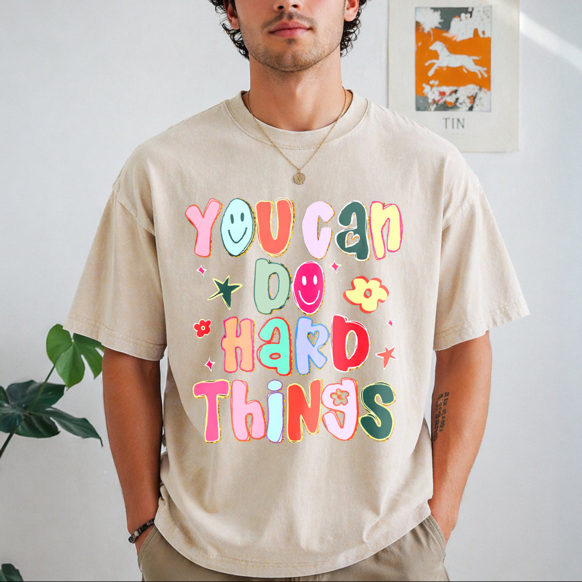 You Can Do Hard Things Teacher Vintage Washed T-Shirt - Beige