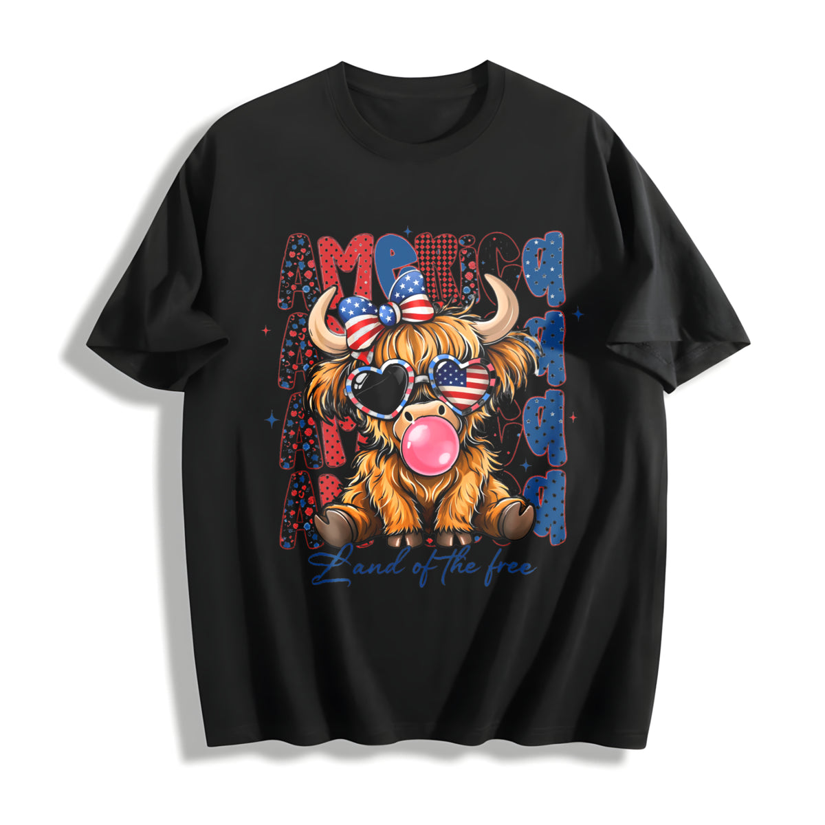 Highland Cow 4th July Bow Cotton T-Shirt - Black