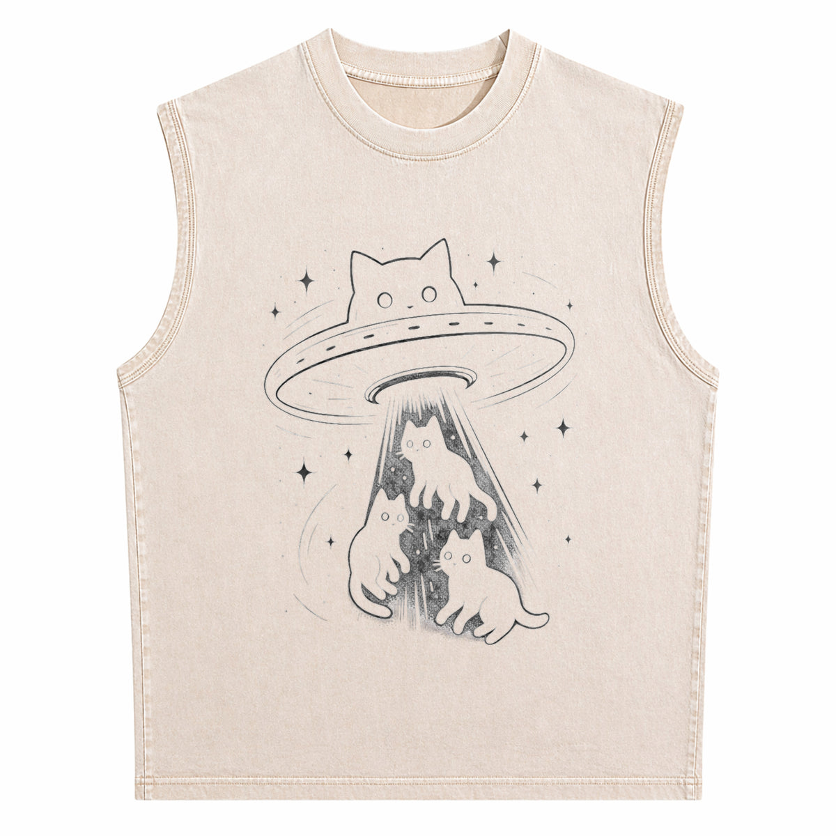 Funny Cat UFO Cute Kitty Space Spaceship Alien Aesthetic Men's Washed Tank Top - product view