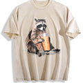 Raccoon Drinking Iced Coffee 90s Vintage Washed T-Shirt - Beige