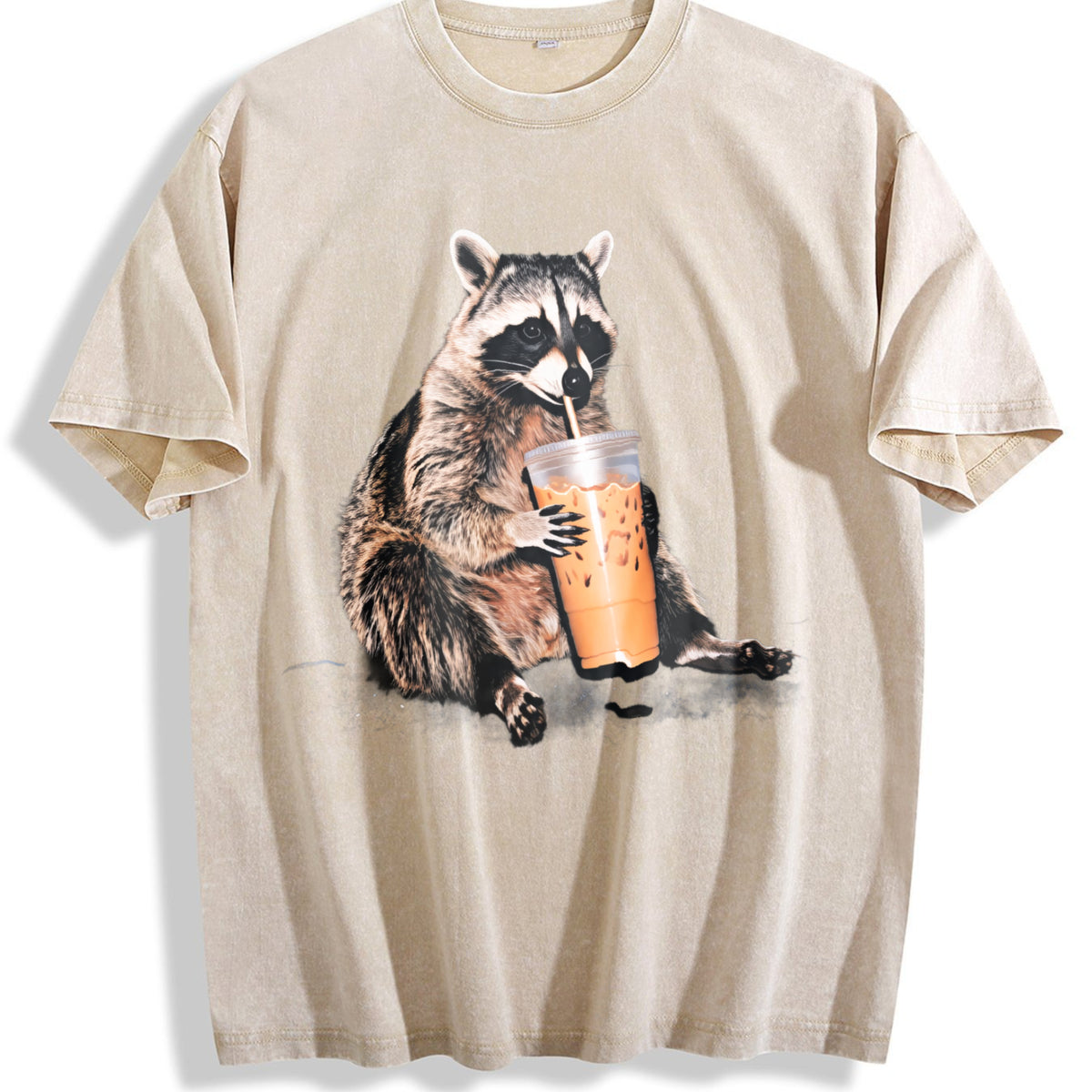 Raccoon Drinking Iced Coffee 90s Vintage Washed T-Shirt - Beige