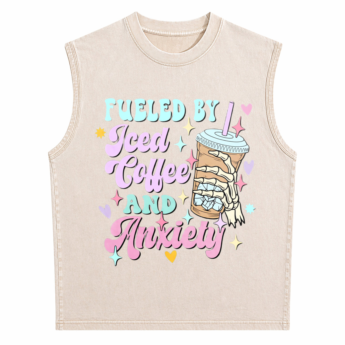 Fueled By Iced Coffee And Anxiety Funny Coffee Lover Men's Washed Tank Top - product view