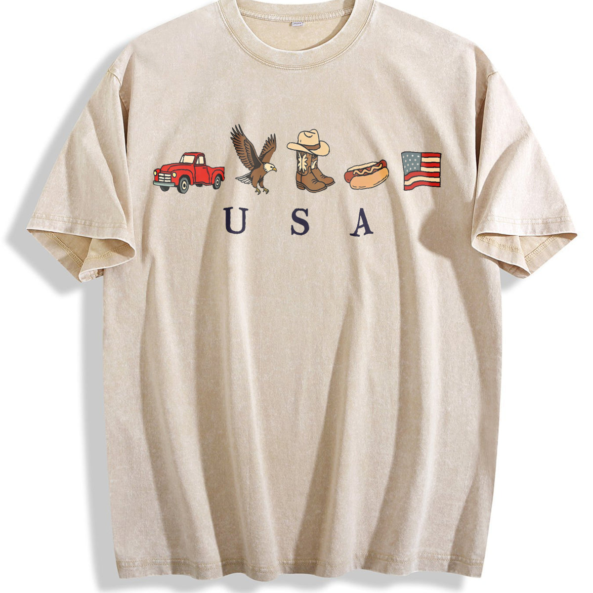 Classic USA Truck Eagle Cowboy Boot Hot Dog Vintage Washed T-Shirt - Beige