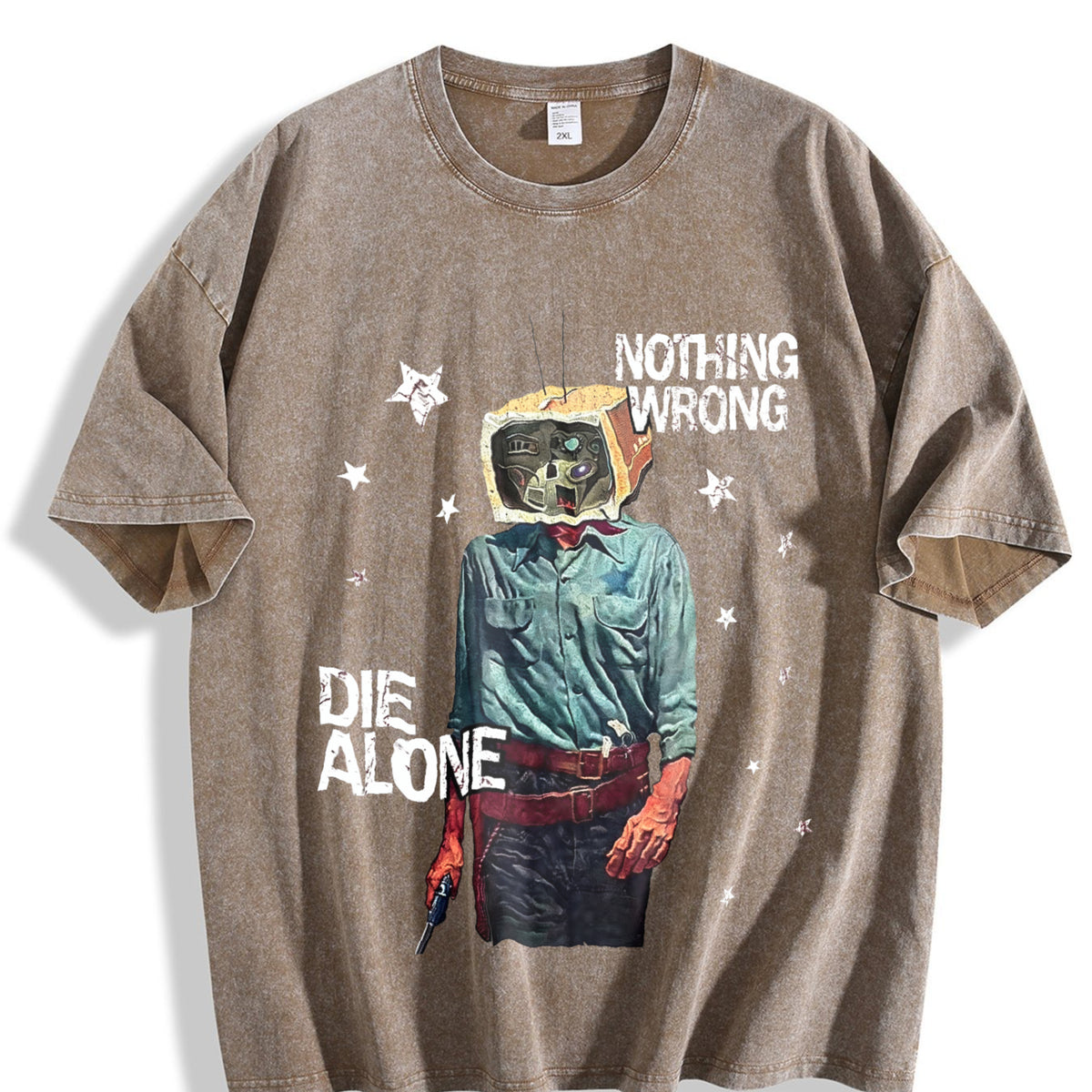 Tv Head Cowboy Die Alone White Grunge Vintage Washed T-Shirt - product view
