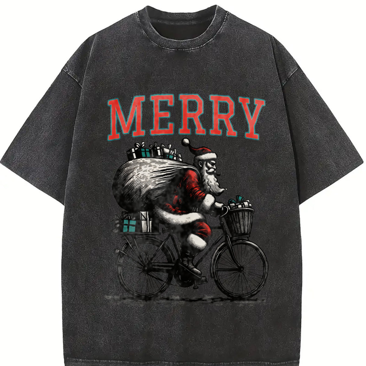 Merry Santa Riding Bike 90s Vintage Washed T-Shirt - product view