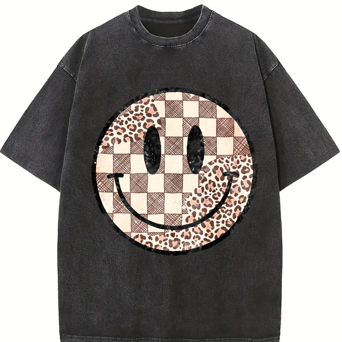 Comfort Colors Retro Smiley Face T-shirt, Leopard Print Shirt, Checkered Smiley Face Shirt, Gift For Her, Women's T-shirt, Smiley Face