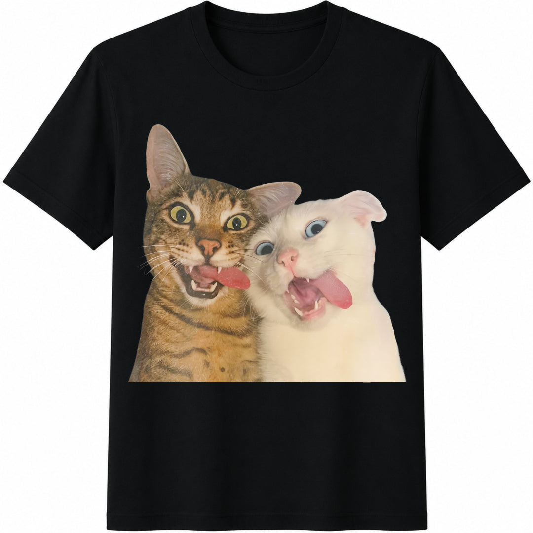 Funny Cat Tongue Out Cotton T-Shirt - Black