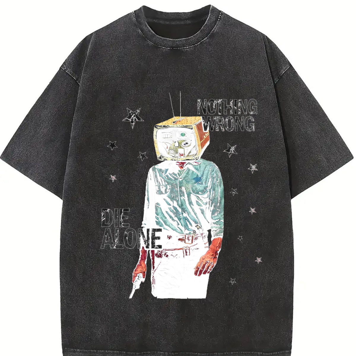 Tv Head Cowboy Die Alone White Grunge Vintage Washed T-Shirt - product view