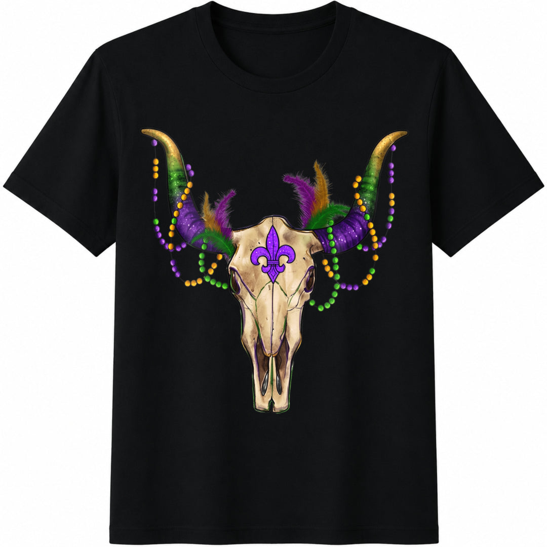 Mardi Gras Bull Skull Cotton T-Shirt - Black
