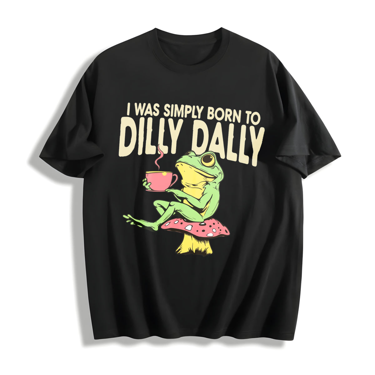 Funny Frog On Mushroom Born To Dilly Dally Meme - Boxy Cotton T-Shirt - Black