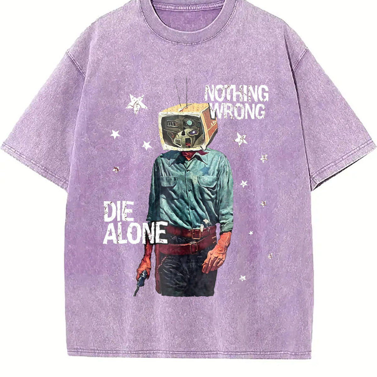 Tv Head Cowboy Die Alone White Grunge Vintage Washed T-Shirt - product view