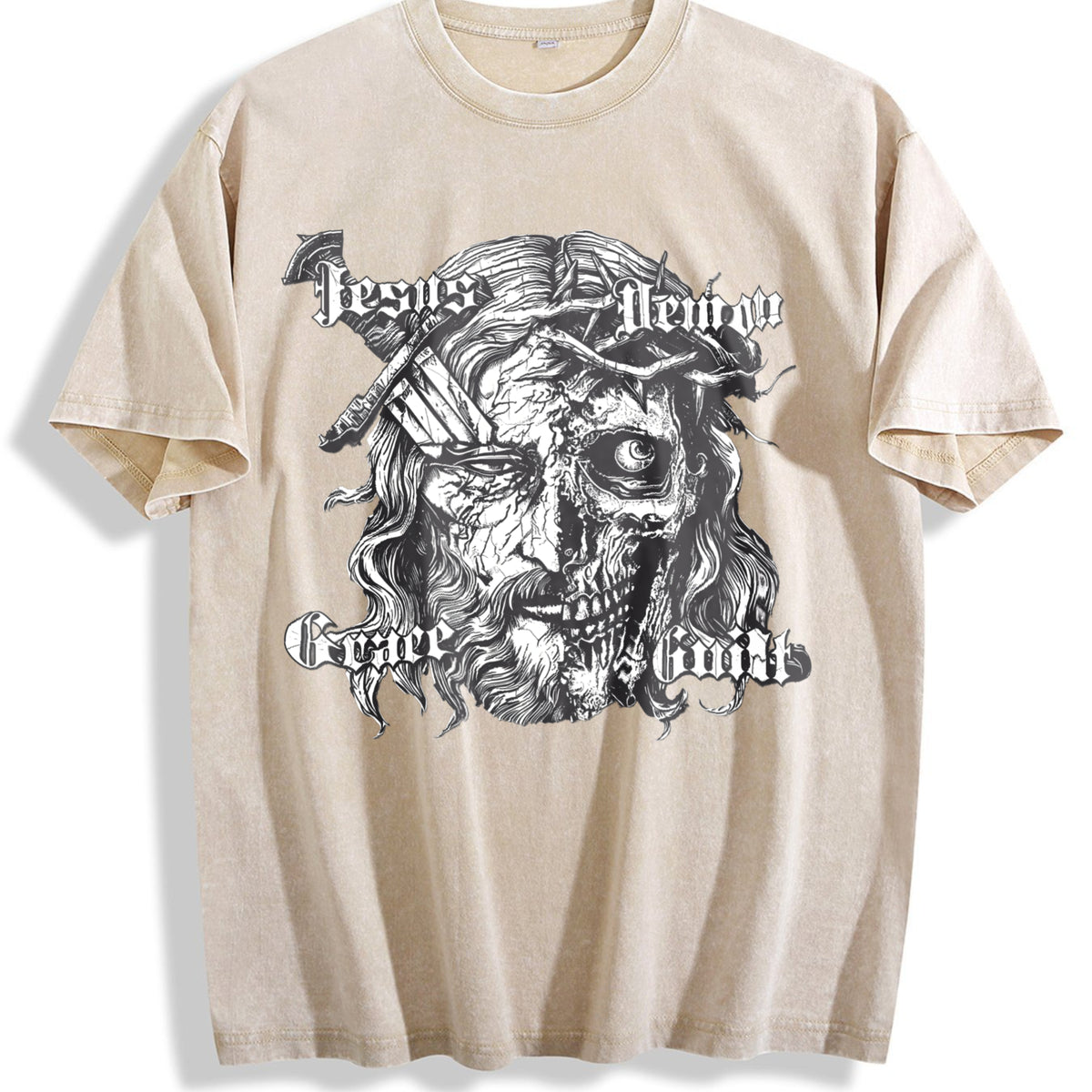 Jesus Demon Skull Vintage Washed T-Shirt - Beige