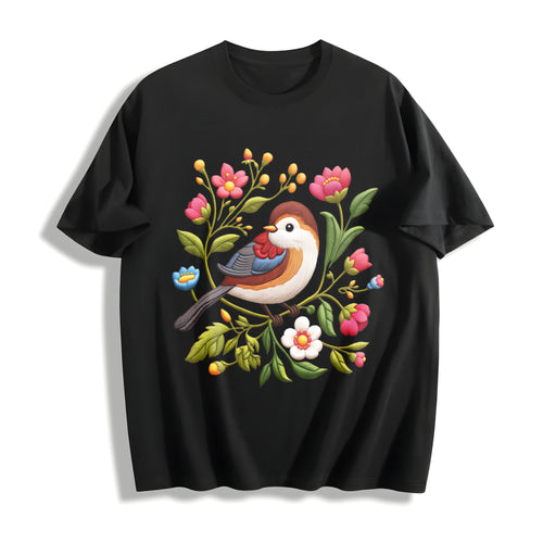 - Bird & Floral - Stretch Cotton T-Shirt - Black
