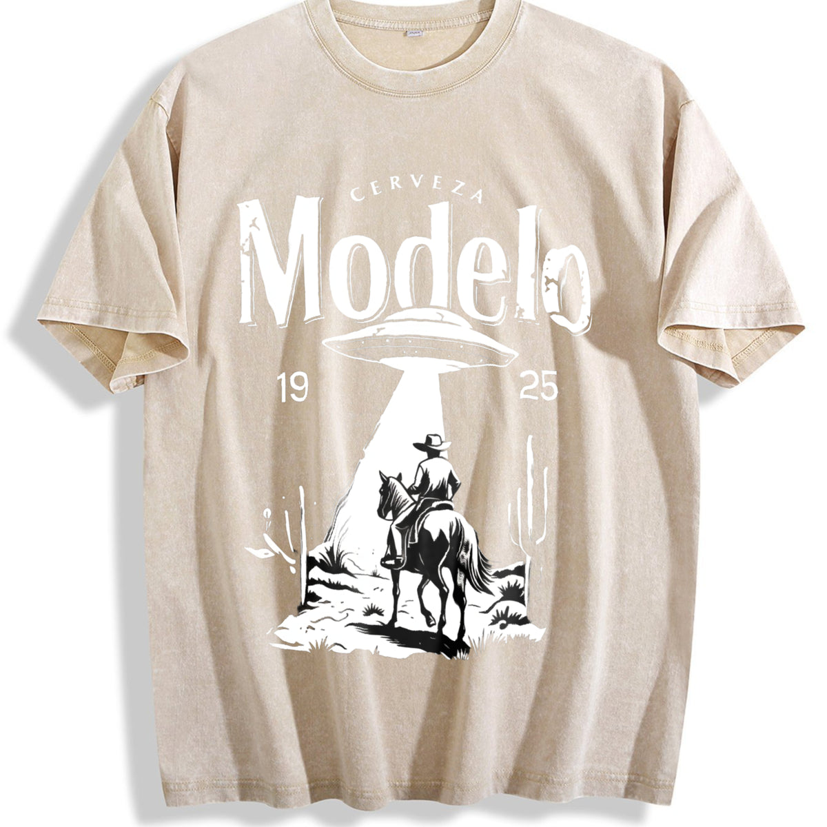 Modelo UFO Cowboy - - With Cerveza Modelo Letter Vintage Washed T-Shirt - Beige