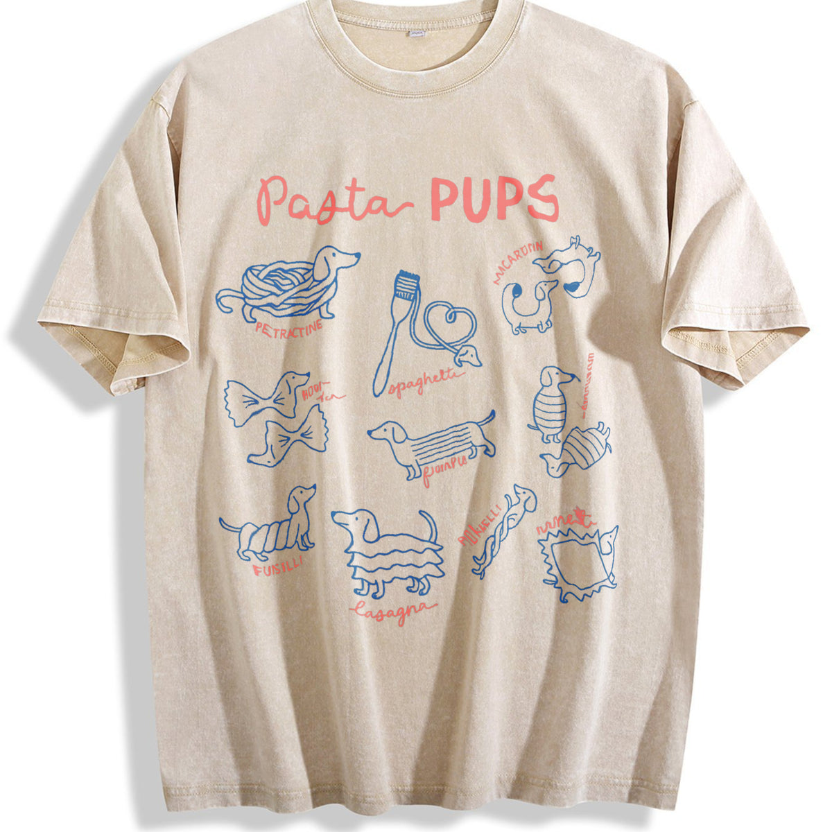 Funny Pasta Dachshund Vintage Washed T-Shirt - Beige