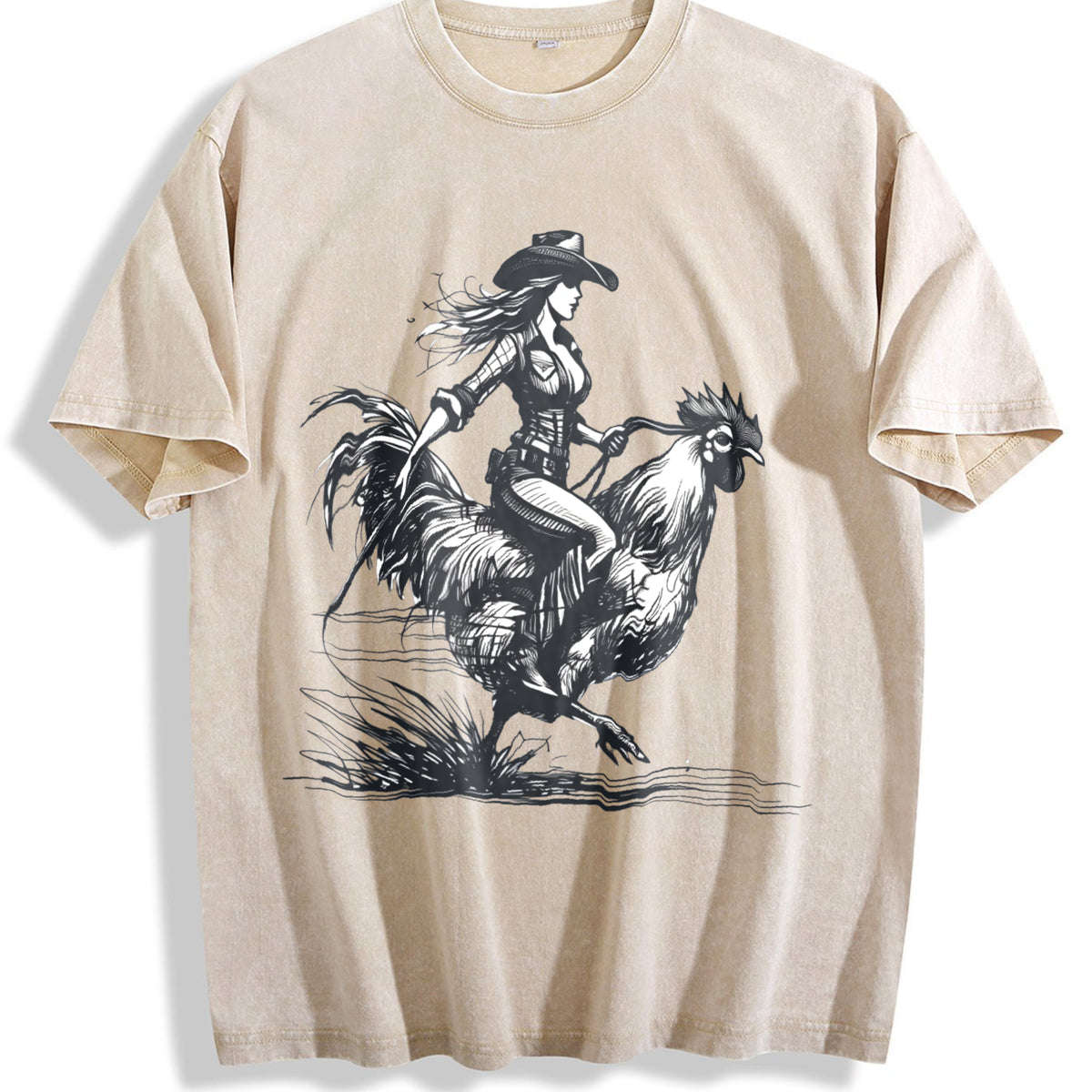 Cowgirl Riding Chicken 90s Vintage Washed T-Shirt - Beige
