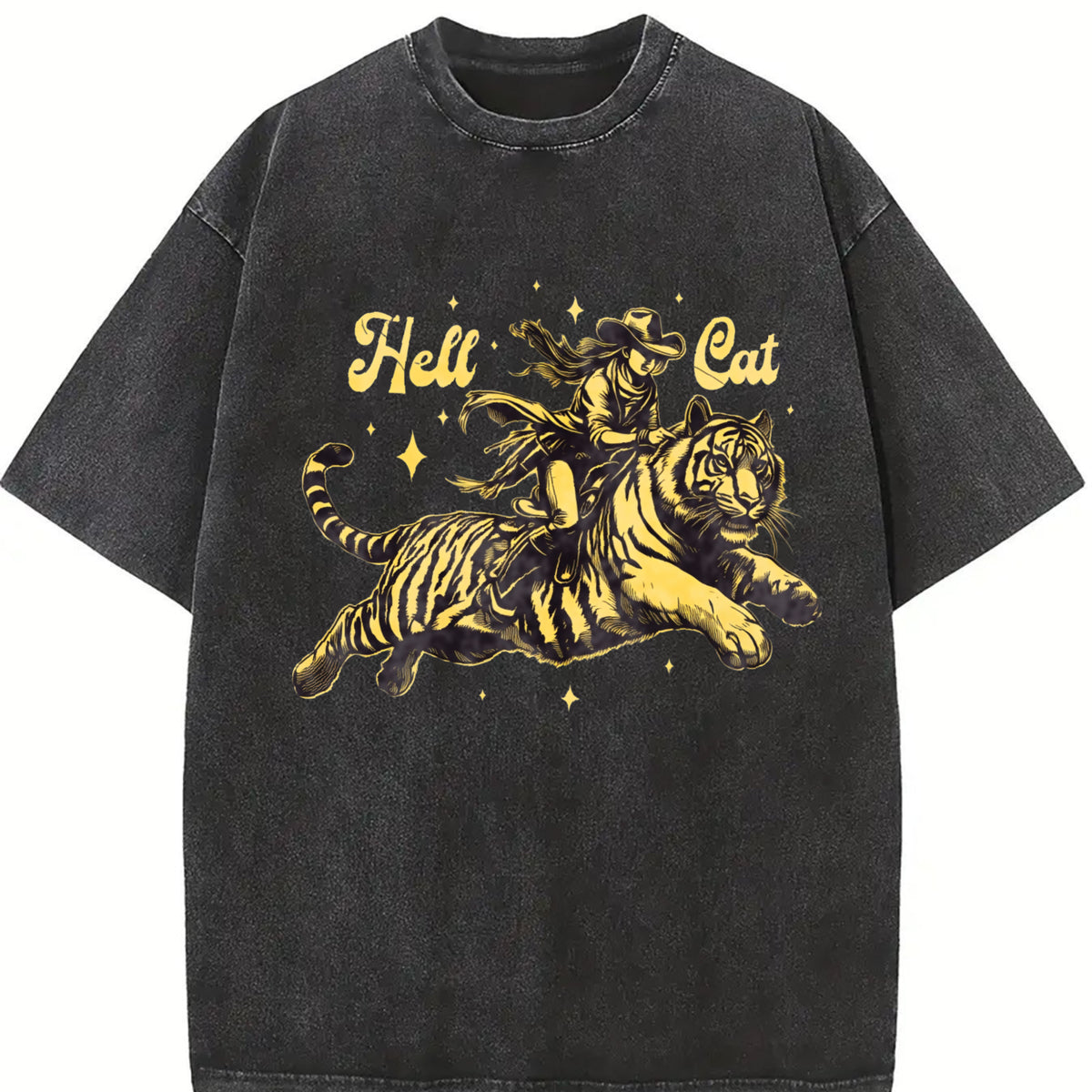 Hell Cat Cowgirl Riding Tiger Vintage Washed T-Shirt - product view