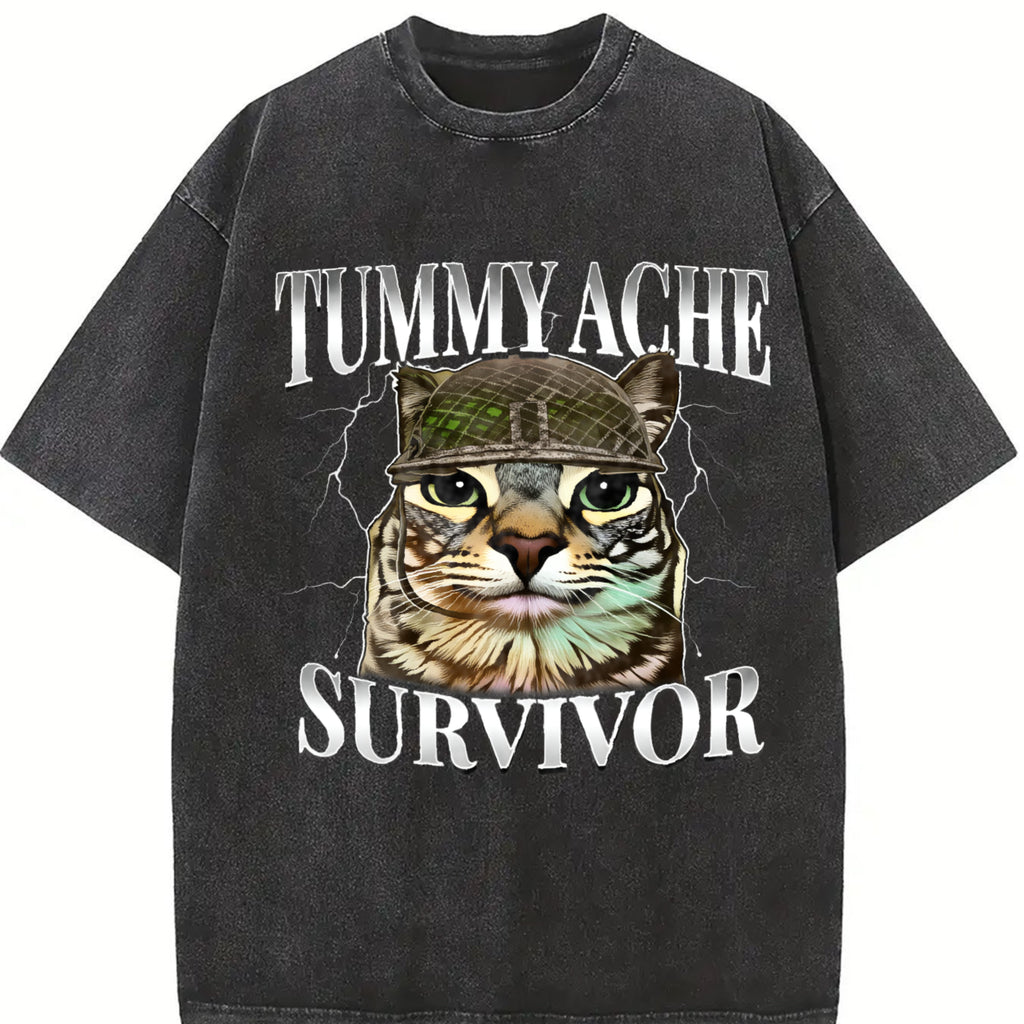 Tummy Ache Survivor Cat Meme Funny Saying Cats Animals T-Shirt Black-Hoodie-front Black-Sweatshirt-front