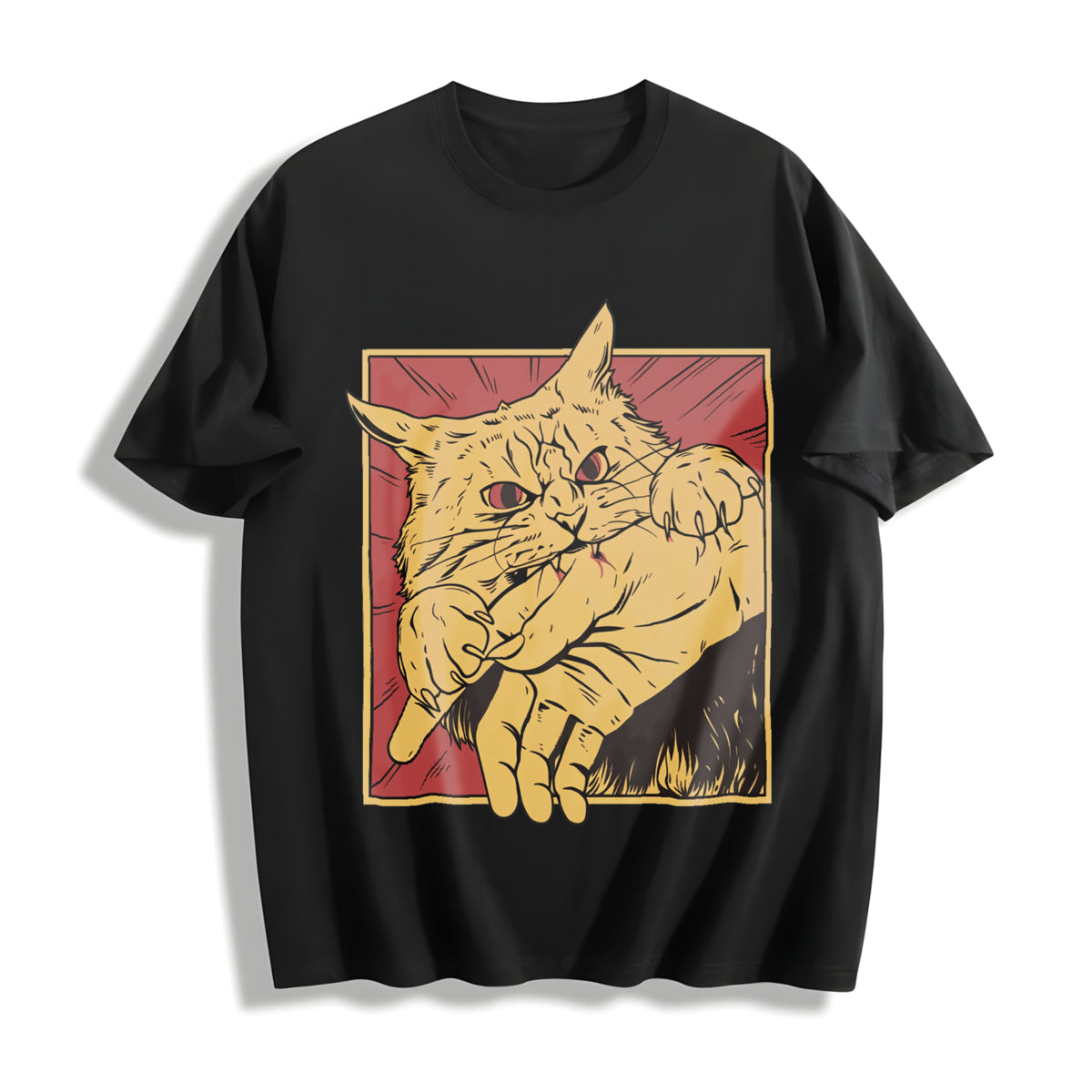 Cat Bite Anime Cotton T-Shirt - Black