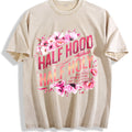Half Hood Half Holy With Pink Floral Vintage Washed T-Shirt - Beige