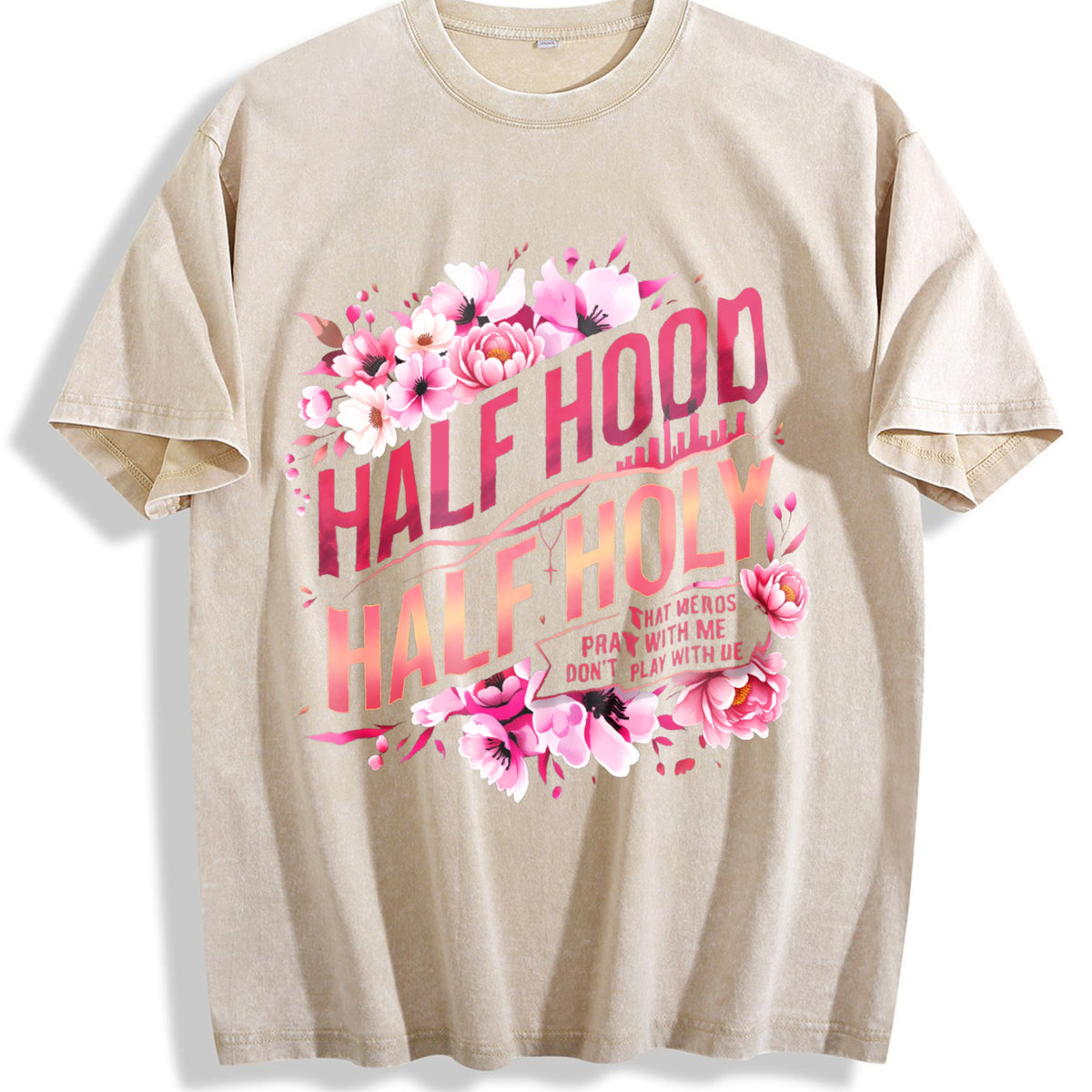 Half Hood Half Holy With Pink Floral Vintage Washed T-Shirt - Beige