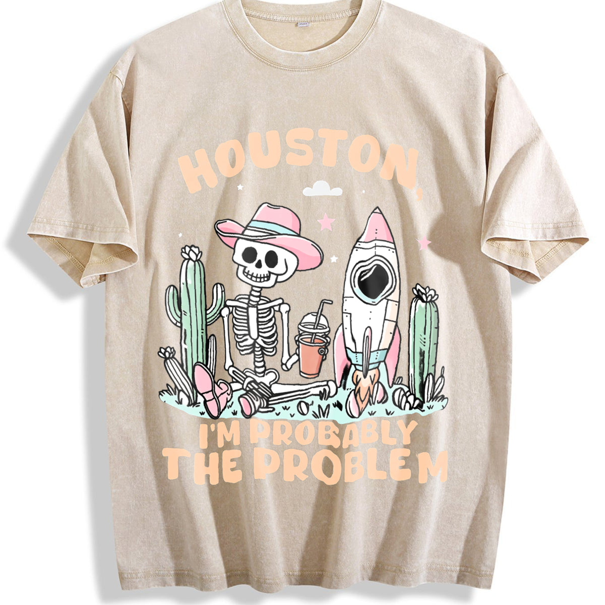 Houston Theme Vintage Washed T-Shirt - Beige