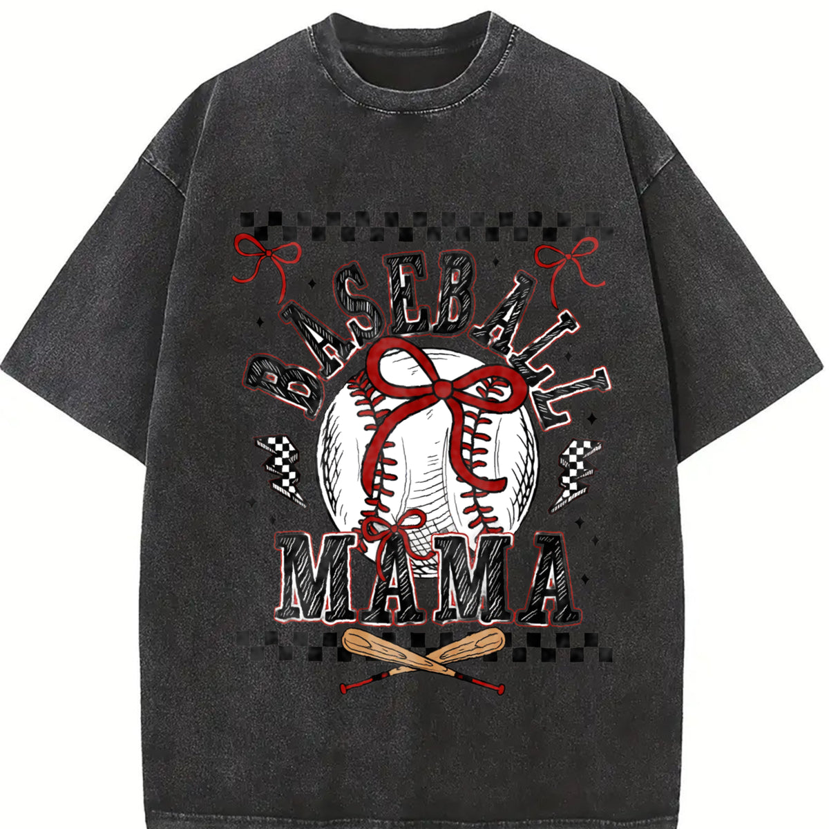 Retro Baseball Mama Tshirt Checkered, Baseball Mama Shirt, Baseball Coquette Bow Tee, Retro Mama T-Shirt Top Womenswear