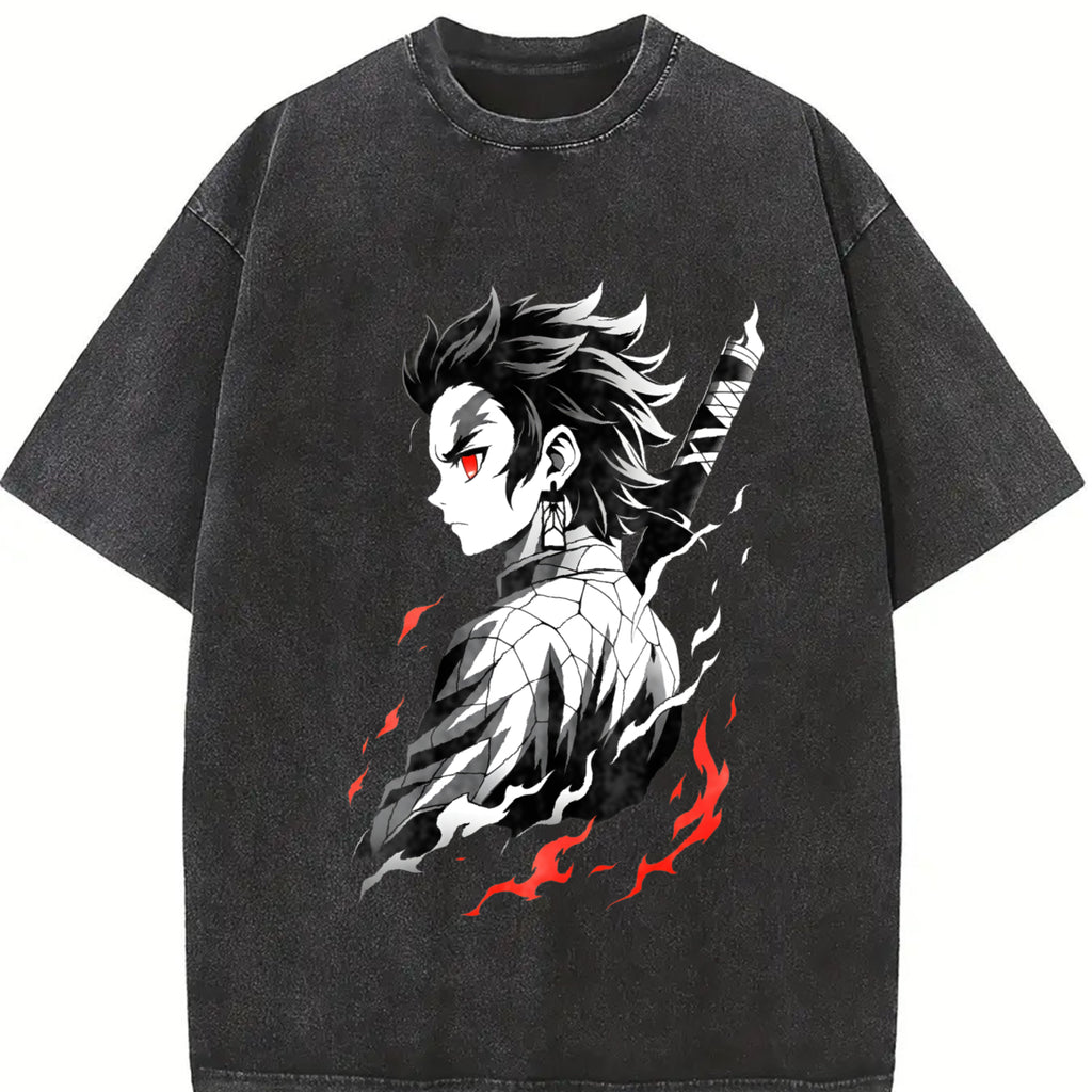valentine shirts Retro Limited Tanjiro T-Shirt - Demon Slayer Infinity Castle Arc Anime Graphic Tee Oversized Acid Washed Lightweight Cotton Men Shirts Anime Streetwear Casual Menswear Gift for Anime Fans Demon Slayer Merch