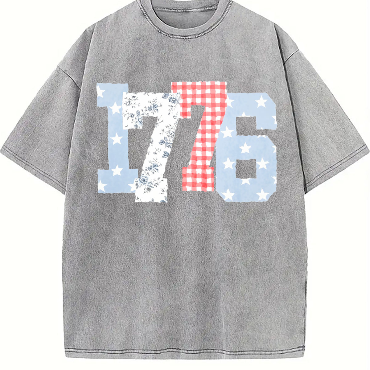 1776 Plaid Floral Star Number Vintage Washed T-Shirt - product view