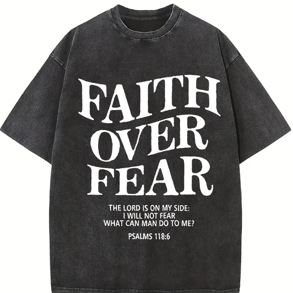 Retro Washed T-Shirt Double Sided Printed 230 Pure Cotton 'FAITH OVER FEAR' Letter Print Mens Casual Comfortable Fashionable Street Style Cotton Menswear Top Short Sleeve Crewneck Festive Tropical
