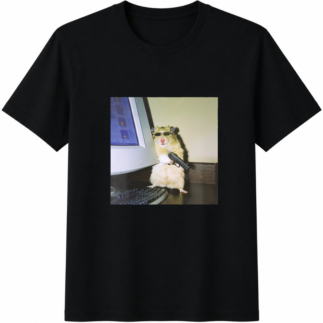 Funny Hamster at a Computer Cotton T-Shirt - Black