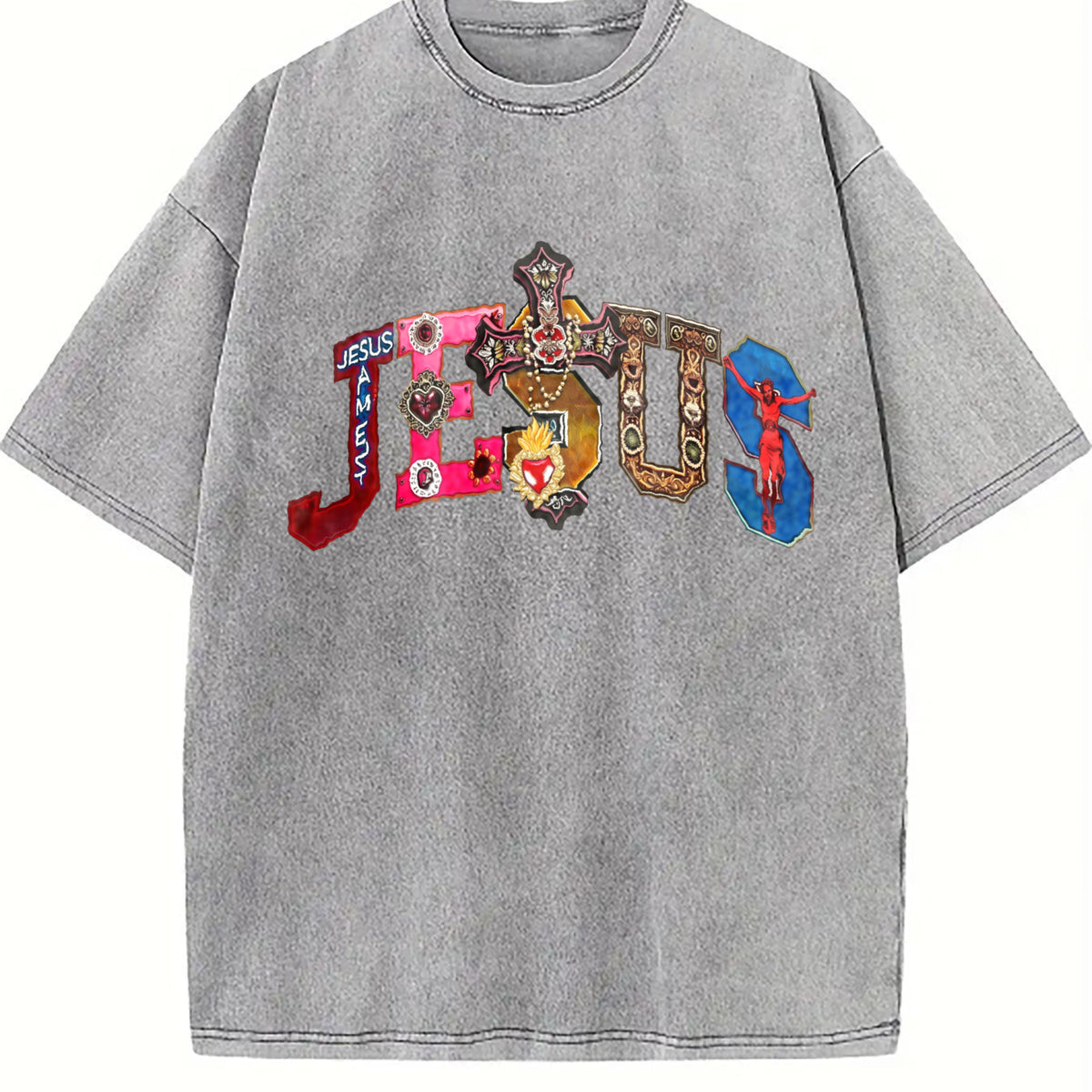 Jesus Colorful Cross & Gem Cropped Vintage Washed T-Shirt - product view