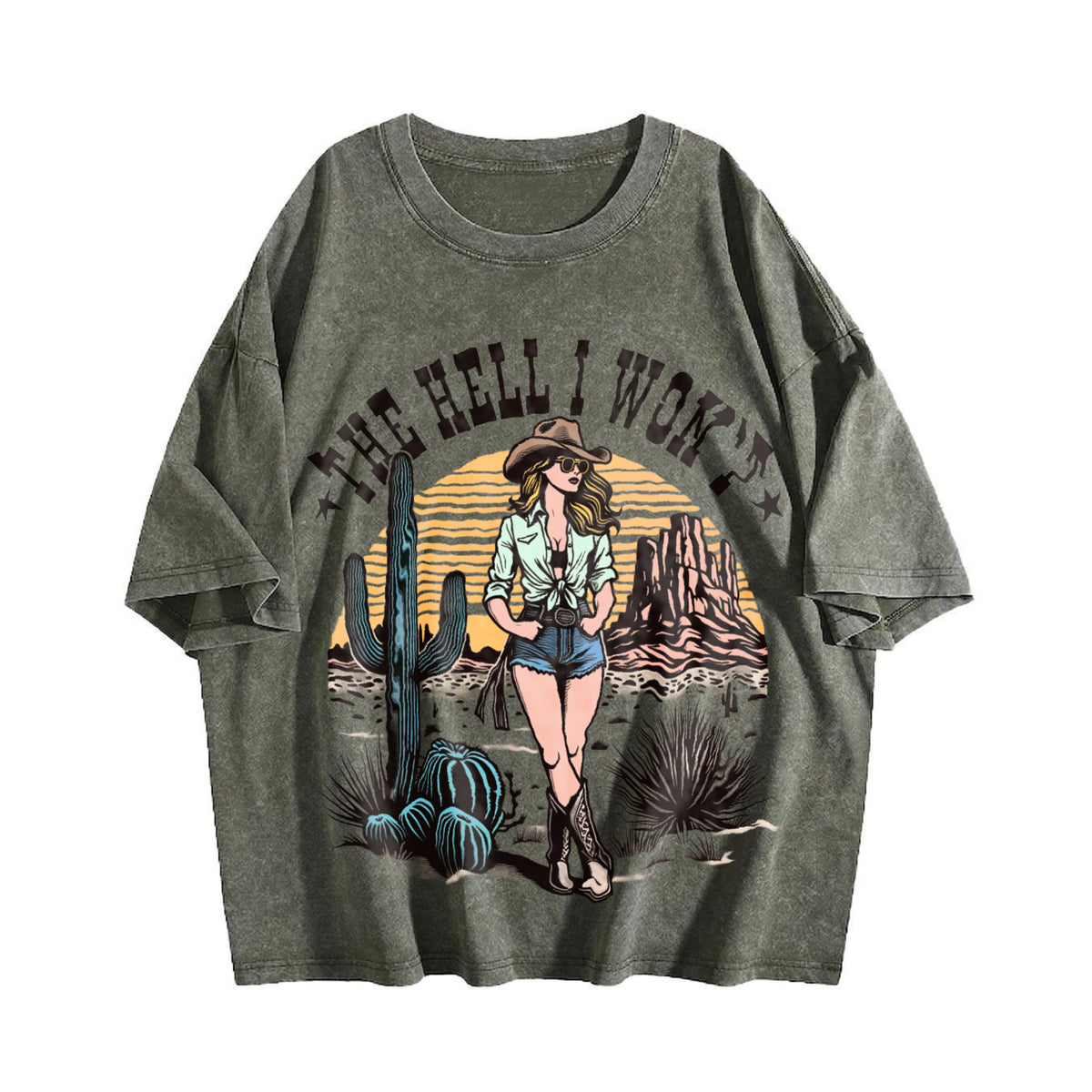 Cowgirl The Hell I Won't Western 90s Vintage Washed T-Shirt - product view