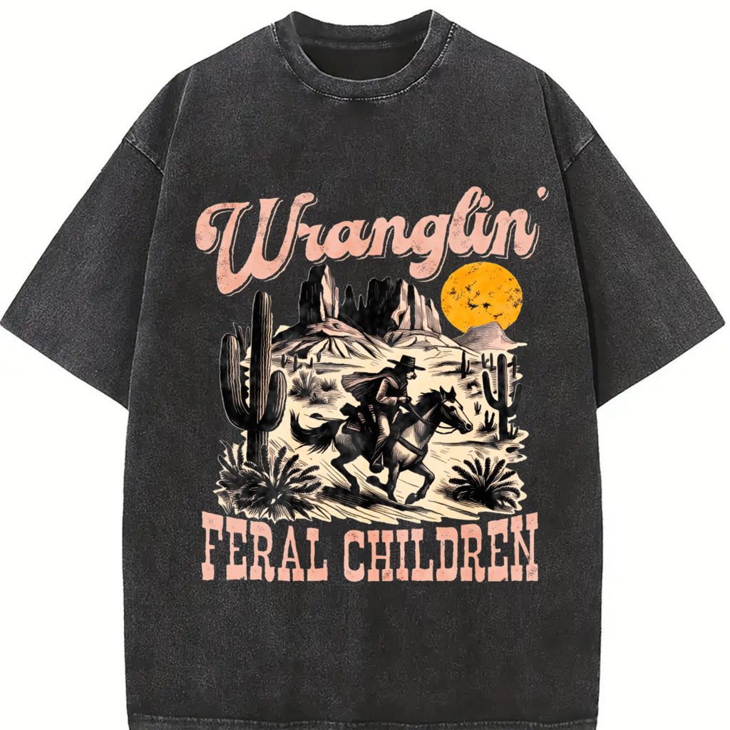 Retro Wranglin' Feral Children Raccoon 90s Western Graphic Tshirt, Vintage Western Raccoon Dessert Tee, Teenager Gift, Women Top Womenswear Summer