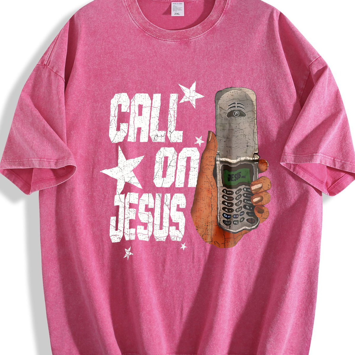 Call On Jesus Flip Phone White Religious Vintage Washed T-Shirt - product view