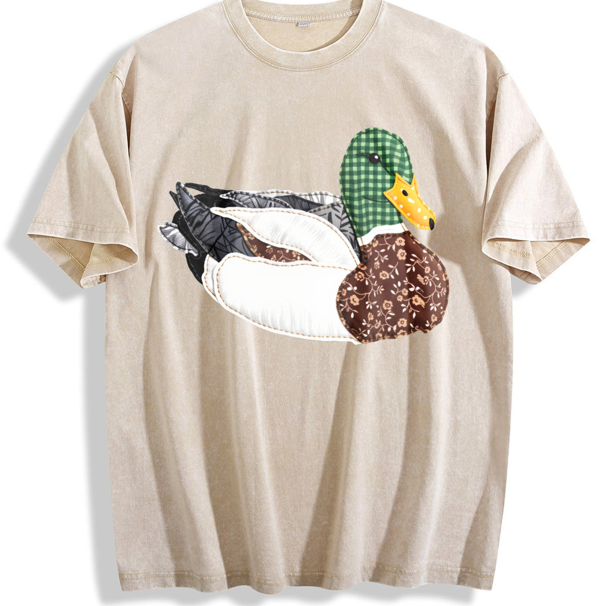 Patchwork Mallard Duck Vintage Washed T-Shirt - Beige