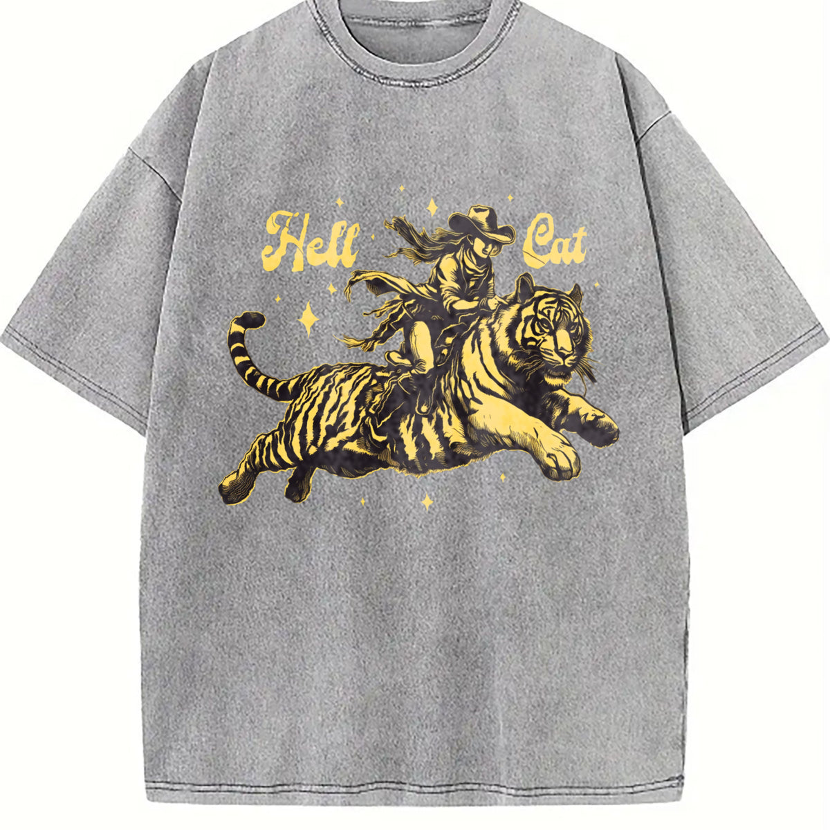 Hell Cat Cowgirl Riding Tiger Vintage Washed T-Shirt - product view