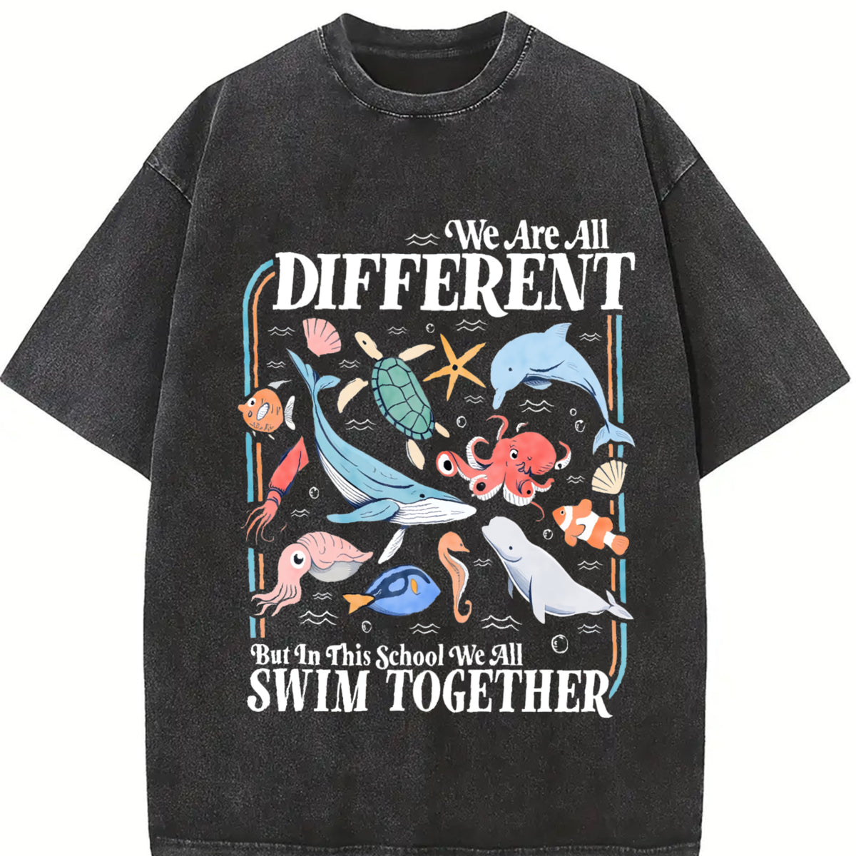 Comfort Colors We Are All Different Swim Together Shirt, Teacher T-Shirt Back to School 2025, Inclusive Ocean Animals Tee, Teacher Appreciation Tshirt