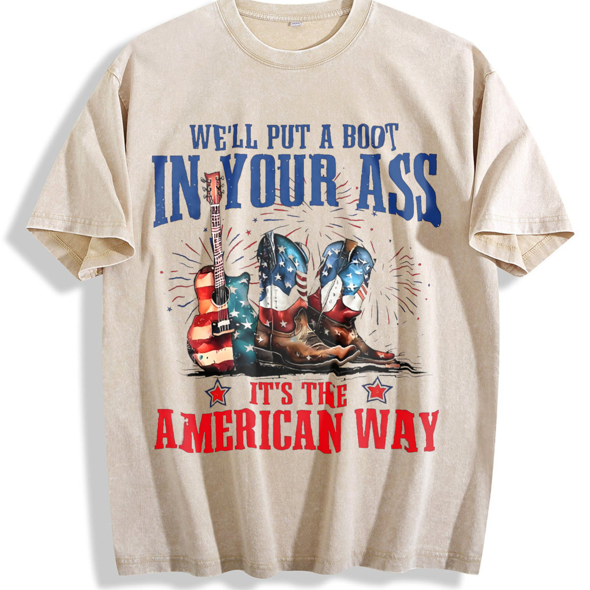 It's The American Way Cowboy Boot Guitar Vintage Washed T-Shirt - Beige