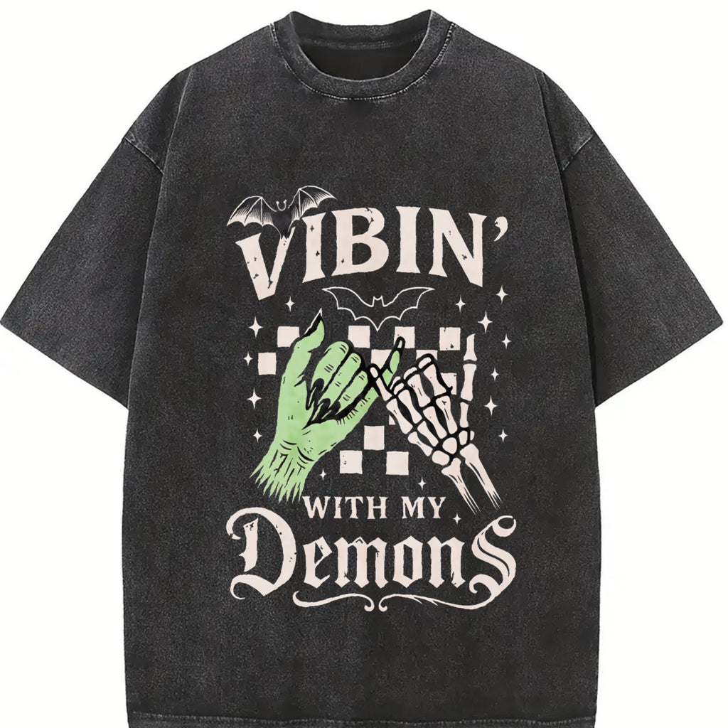 Funny Halloween Vibin With My Demons Tshirt, Spooky Season Halloween Vibes Tee, Retro Halloween Vibes Shirt Tops Womenswear Streetwear