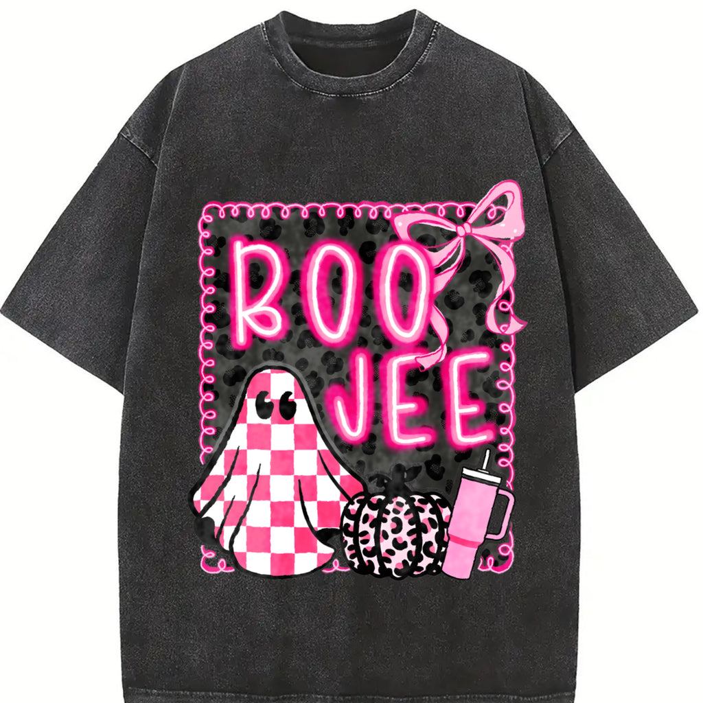 Coquette Halloween Pink Halloween Tshirt, Boo Jee Bow Frame Checkered Glitter Leopard Ghost Pumpkin Shirt, Trendy Graphic Tee Top Womenswear