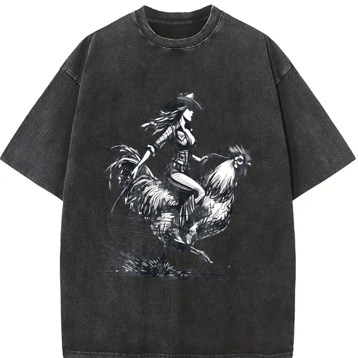 Cowgirl Riding Chicken 90s Vintage Washed T-Shirt - product view