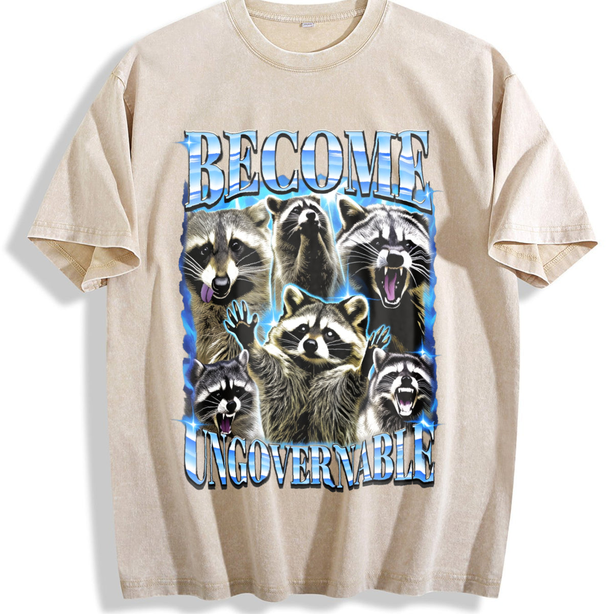 Become Ungovernable Raccoon Vintage Washed T-Shirt - Beige