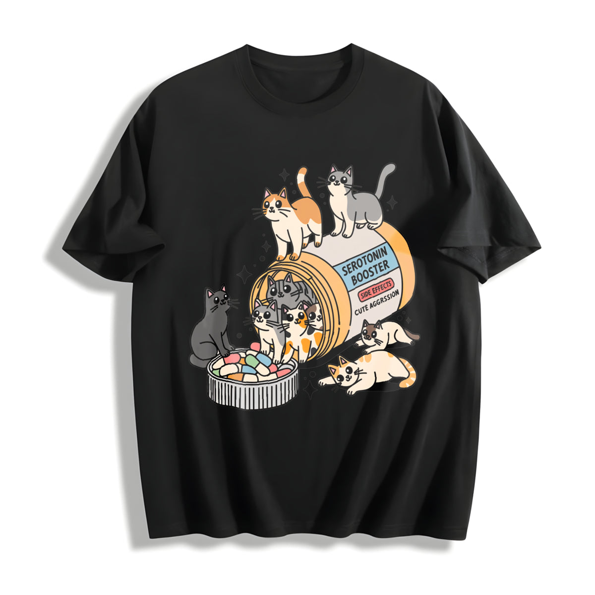 Serotonin Cats Cotton T-Shirt - Black