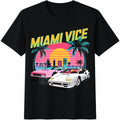 Miami Vice Sunset Cars Palm Trees Cityscape Cotton T-Shirt - Black