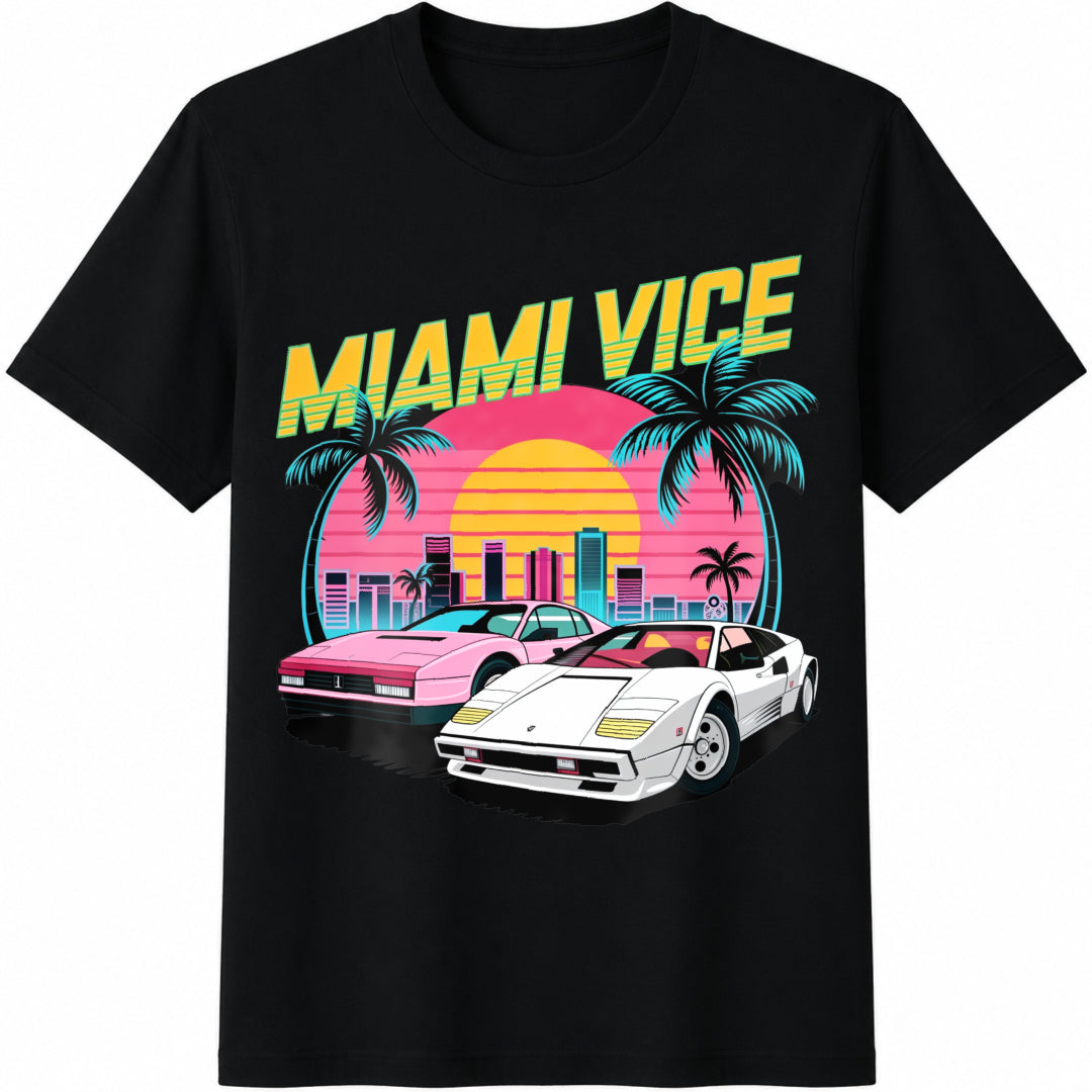 Miami Vice Sunset Cars Palm Trees Cityscape Cotton T-Shirt - Black