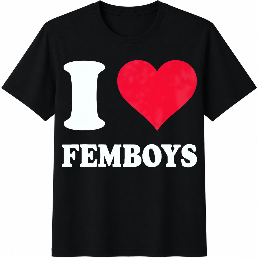 Red Heart I Love Femboys Cotton T-Shirt - Black